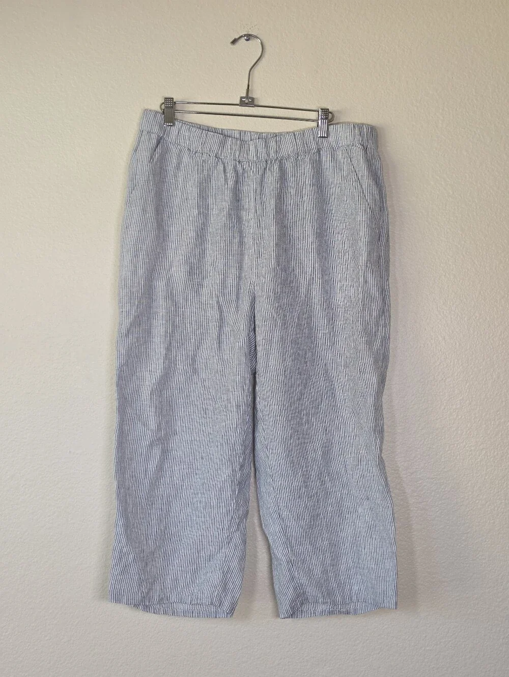 QUINCE Blue Pinstripe 100% European Linen Pants L